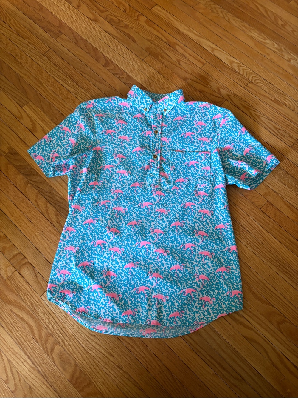 Chubbies Turquoise Button-Up Shirt with Pink Flamingo Print